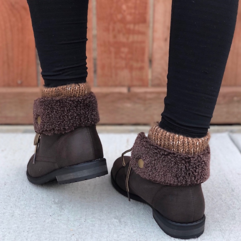 Brown Faux Shearling Cuff Combat Boots - Picture 2 of 8